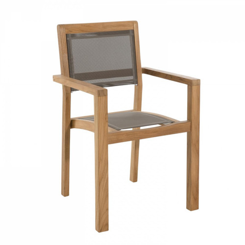 Ensemble de 2 fauteuils jardin empilables en bois teck et textilène couleur taupe - Macabane - Fauteuil et chaise de jardin design
