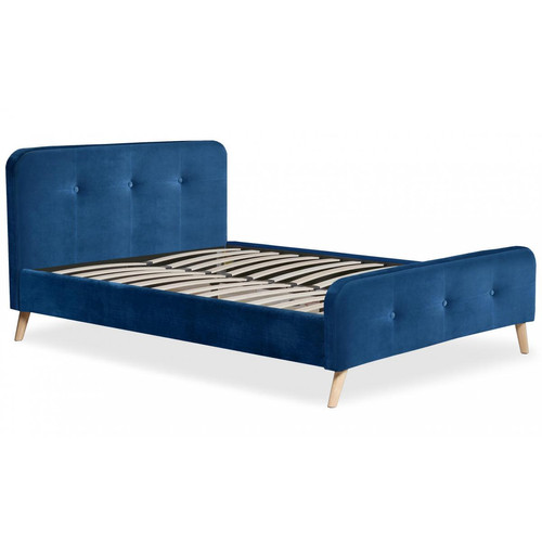 Lit scandinave avec tête de lit et sommier 140x190cm Velours Bleu NERRYM - 3S. x Home - Lit bois design