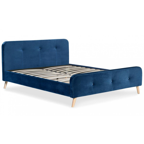 Lit scandinave avec tête de lit et sommier 160x200cm Velours Bleu NERRYM 3S. x Home  - Sommier metal