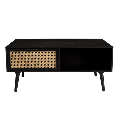 Table basse noire 2 tiroirs cannage 1 niche - MIGUEL Macabane  - Tables basses scandinaves