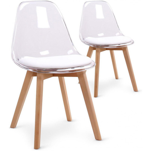 Lot de 2 chaises scandinaves transparentes et coussin blanc SULLY