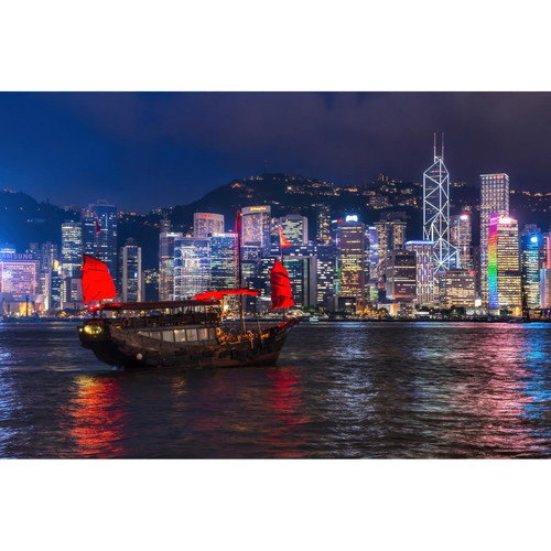 Tableau Cities Hong Kong Boat 80x55 DeclikDeco  - Tableau design bleu