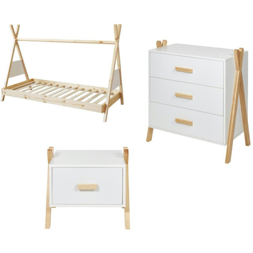 Ensemble chambre complète 1 lit 1 chevet 1 commode en bois pin fintion peinture AMAROK Beige et Blanc  3S. x Home  - Lit blanc design