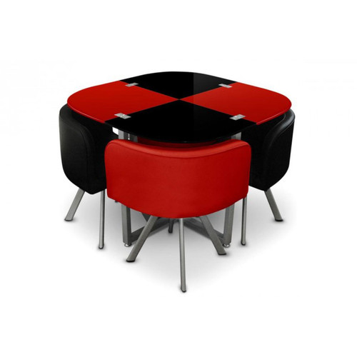 Table Repas Damier avec 4 Chaises Rouge et Noir - 3S. x Home - Table en verre design