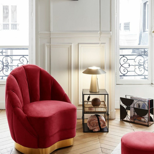 Fauteuil design en velours avec base cerclage doré effet laiton Bordeaux - POTIRON PARIS - Fauteuil rouge design