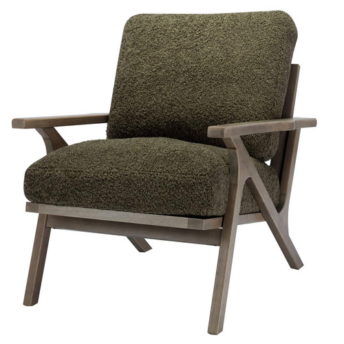 fauteuil lounge en tissu bouclette Army et bois patiné - 3S. x Home - Fauteuil vert design