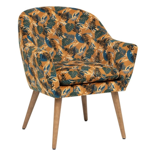 Fauteuil tissu velours à motifs jungle "Sango" ocre 3S. x Home  - Pouf et fauteuil design