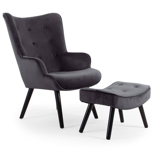 Fauteuil scandinave + pouf Velours Noir Lylou 3S. x Home  - Pouf et fauteuil design