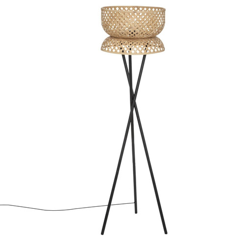 Lampadaire trépied "Suny" bambou et métal noir H145 cm