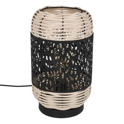 Lampe cylindre "Cosy" métal et rotin noir H30 cm