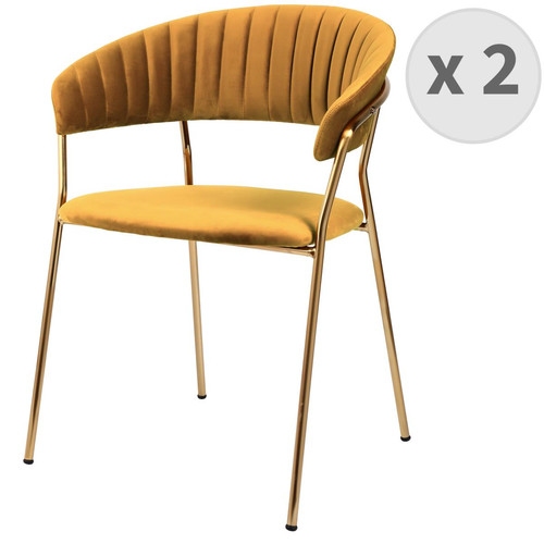 lot de 2 chaises avec accoudoirs en velours Moutarde et métal doré 3S. x Home  - Chaise jaune design