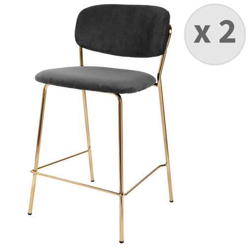 lot de 2 chaises de bar en tissu cotelé Noir et métal doré brossé 3S. x Home  - Tabouret bar