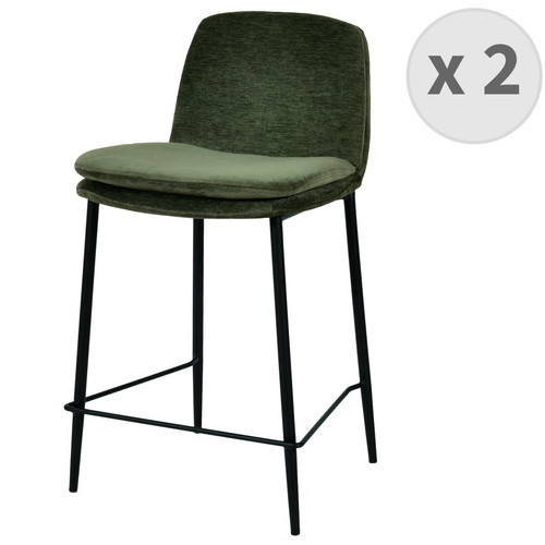 lot de 2 chaises de bar tissu chenillé Sauge et métal noir mat - 3S. x Home - Tabouret bar