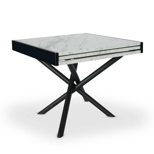 Table extensible moderne L90-180cm Métal noir et Bois effet marbre blanc Liberac