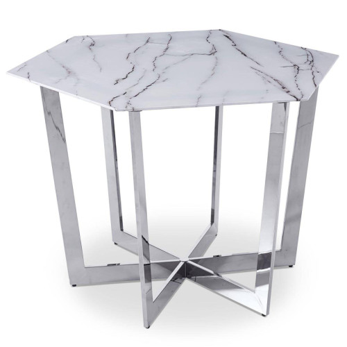 Table hexagonale 120cm Zadig Verre Effet marbre blanc et pied Métal Argent - 3S. x Home - Table a manger ronde