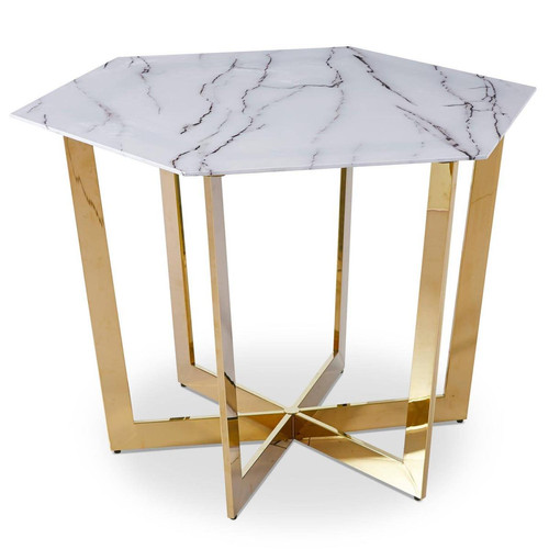 Table hexagonale 120cm Zadig Verre Effet marbre blanc et pied Métal Or