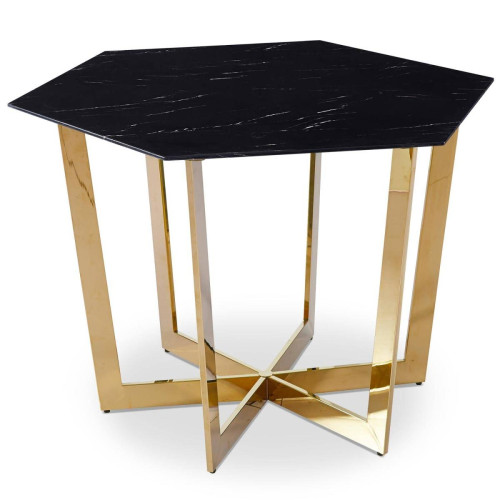 Table hexagonale 120cm Zadig Verre Effet marbre noir et pied Métal Or