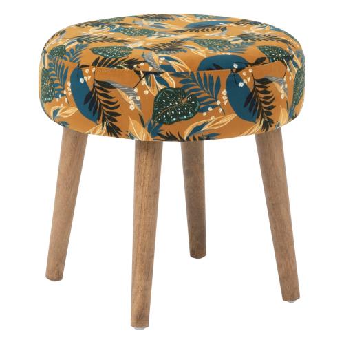 Tabouret tissu à motifs jungle et pieds en bois "Sango" ocre 3S. x Home  - Pouf et fauteuil design