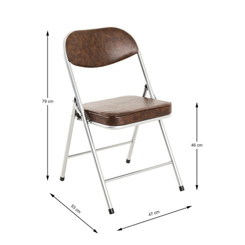 Chaise pliante en tube d'acier couleur Alu recouvert de simili cuir Marron vintage - 3S. x Home - Chaise pliante pas cher