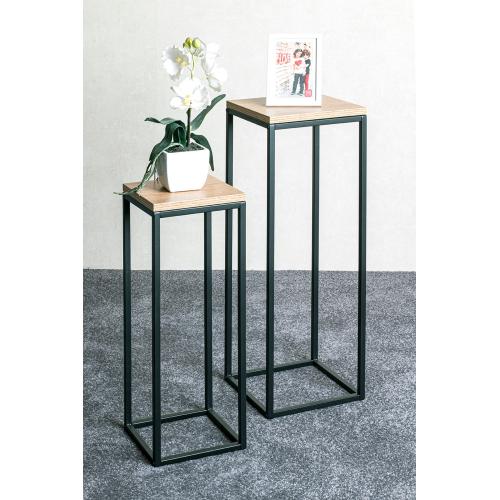 Lot de 2 porte plantes en métal noir et étagères décor chêne 3S. x Home  - Table d appoint design