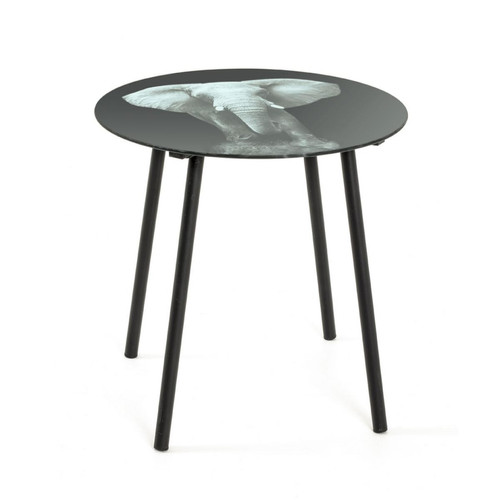 Table d'appoint avec plateau en Verre trempé imprimé motif éléphant en tube d'Acier laqué Noir 3S. x Home  - Table d appoint design