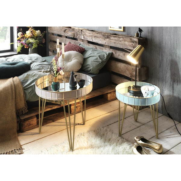 Table d'appoint structure en tube d'acier couleur Bronze et plateau en Métal laqué Gris avec en Verre miroir