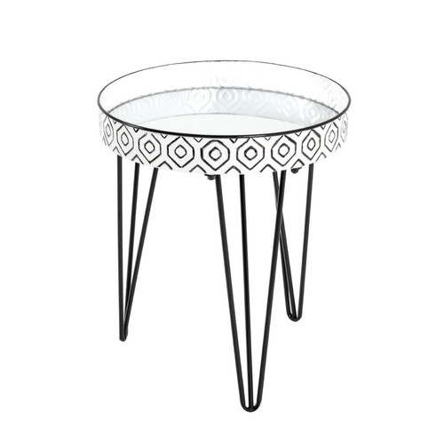 Table d'appoint avec structure en tube d'acier Noir et plateau en Métal laqué blanc-noir et verre miroir