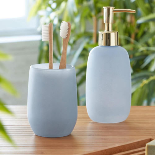 Set gobelet et distributeur de savon liquide en verre CLARION teinte bleue becquet  - Accessoire salle de bain design