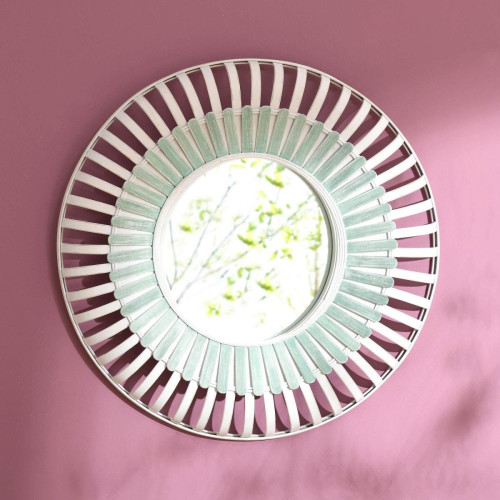 Miroir rond en bambou MOUSSA vert et blanc becquet  - Miroir rond ovale design