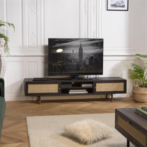 Meuble TV Noir 2 Niches 2 Portes Cannage YANIS - Macabane - Meuble tv design