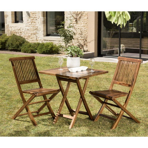 Salon de jardin HANNA en bois teck huilé 2 personnes - ensemble de jardin : 1 table carrée pliante 70 x 70 cm et 2 chaises Macabane  - Ensemble table chaise