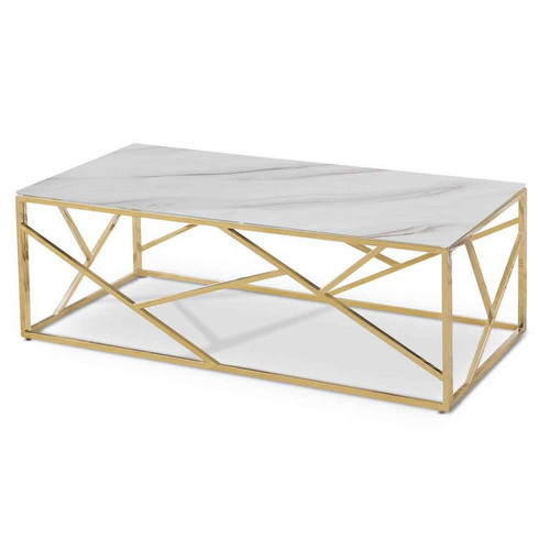 Table Basse OPERA Verre Effet Marbre Et Pieds Or 3S. x Home  - Table basse blanche design