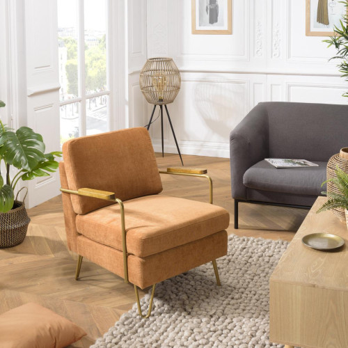 Fauteuil lounge tissu orange métal doré accoudoirs bois Macabane  - Pouf et fauteuil design
