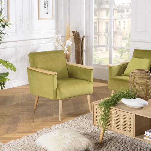 Fauteuil velours vert clair pieds et accoudoirs bois Macabane  - Pouf et fauteuil design