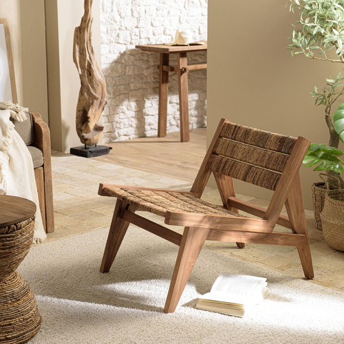 ALIDA Fauteuil lounge en bois de teck recyclé assise en tissage Macabane  - Pouf et fauteuil design