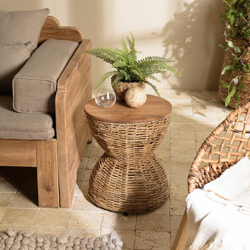 ALIDA Tabouret beige assise amovible en bois de teck recyclé Macabane  - Pouf design pouf geant