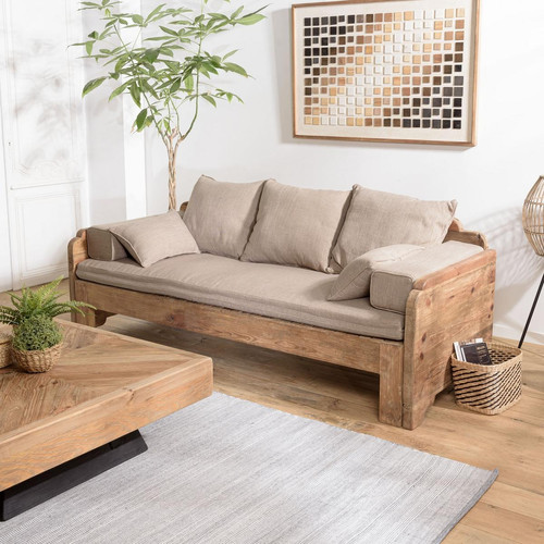 Canapé-lit bois Pin recyclé 3 places avec coussins SANDY - Macabane - Banquette et canape design