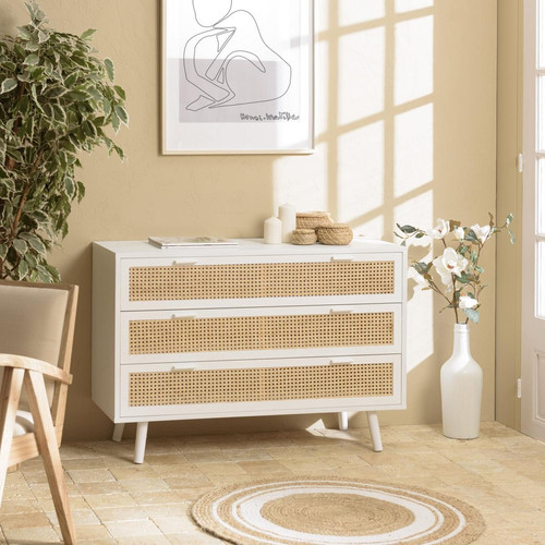 Commode blanche 3 tiroirs cannage naturel SANDRO Macabane  - Commode blanche design