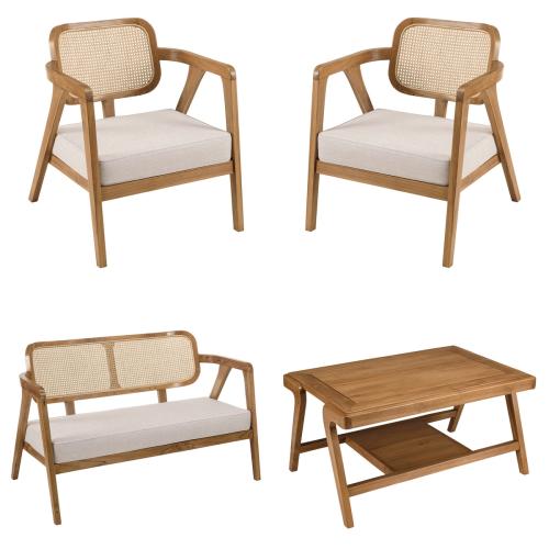 Ensemble canapé 2 places 2 fauteuils et 1 table basse FLORES en teck WILL Marron Macabane  - Canape 2 places design
