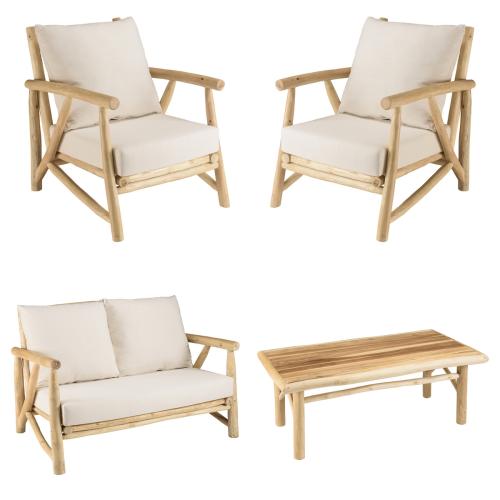 Ensemble canapé 2 places 2 fauteuils 1 table basse en teck MADURA Blanc Macabane  - Canape blanc design
