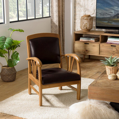Fauteuil en teck et cuir style colonial - Marron - Macabane - Pouf et fauteuil design