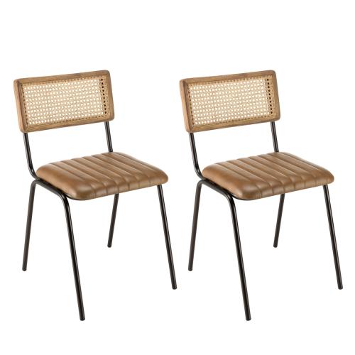 Lot de 2 chaises manguier assise matelassée cuir dossier droit MARCEL - Macabane - Chaise rotin