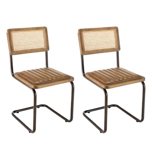 Lot de 2 chaises manguier assise matelassée cuir pieds rétro MARCEL - Macabane - Chaise rotin