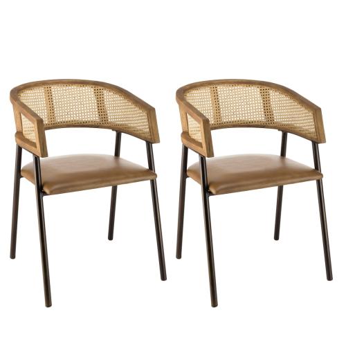 Lot de 2 fauteuils assise cuir dossier en manguier et rotin MARCEL Macabane  - Chaise design