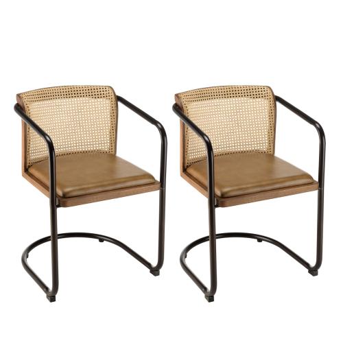 Lot de 2 fauteuils manguier assise cuir dossier arrondi rotin MARCEL - Macabane - Chaise rotin