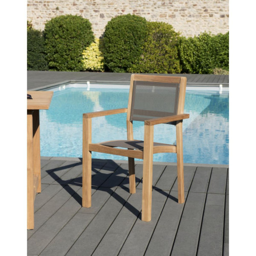 Ensemble de 2 fauteuils jardin empilables en bois teck et textilène couleur taupe