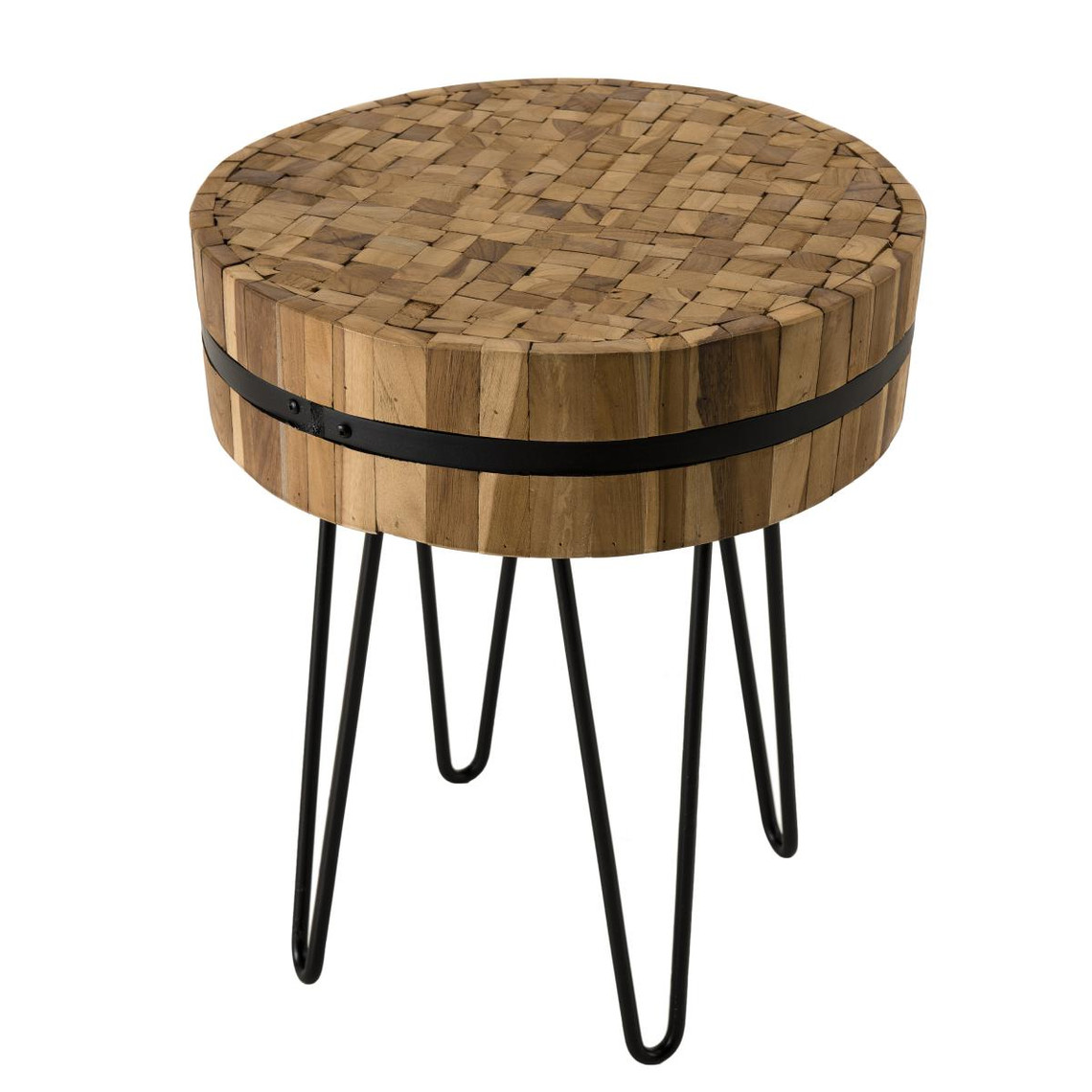 Table d'appoint ronde 45x45cm bois Teck recyclé cerclée métal pieds épingles métal KOCHI
