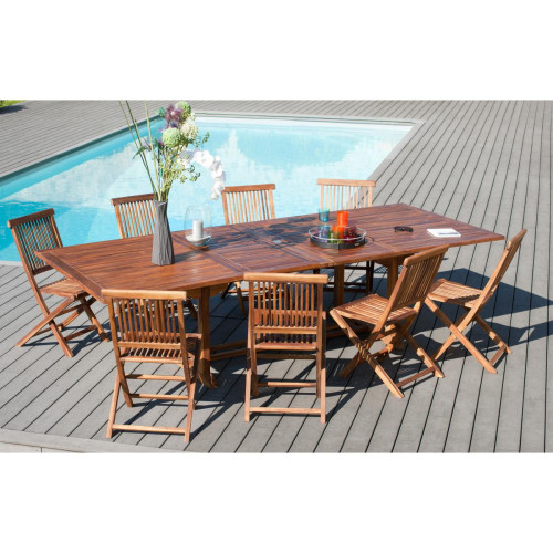 Ensemble Table Rectangulaire extensible + 8 Chaises en Teck Massif - Table de jardin design
