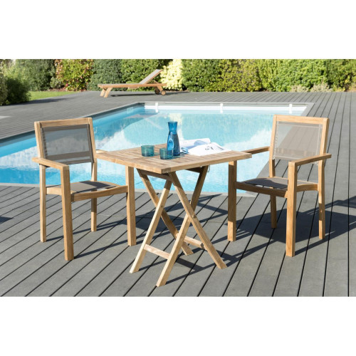 Ensemble Table carrée pliante en Teck 70x70 cm + 2 fauteuils empilables Taupe - Macabane jardin meuble deco