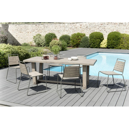 Ensemble Table rectangulaire en Teck teinté + 6 Chaises empilables bois et métal - Macabane jardin meuble deco